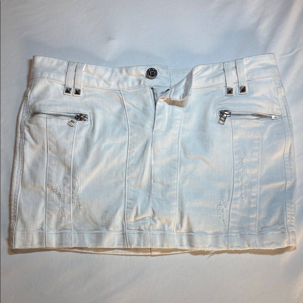 bebe White Denim Mini Skirt with Zip Pockets